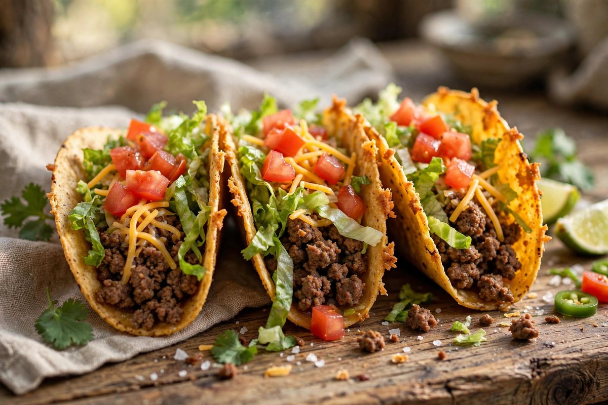 Three crispy tacos with seasoned beef, lettuce, cheese and tomato on a wooden table