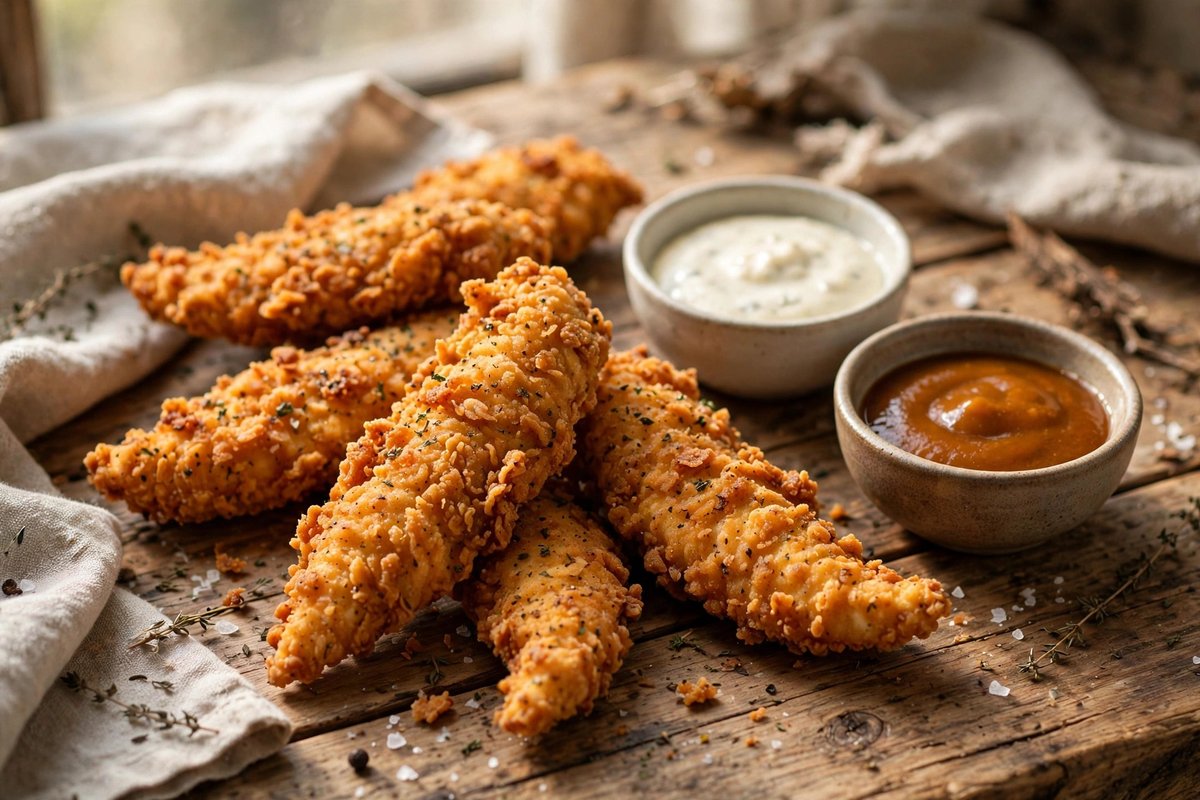 Crispy fried chicken tenders with two small bowls of dipping sauces on a wooden table
