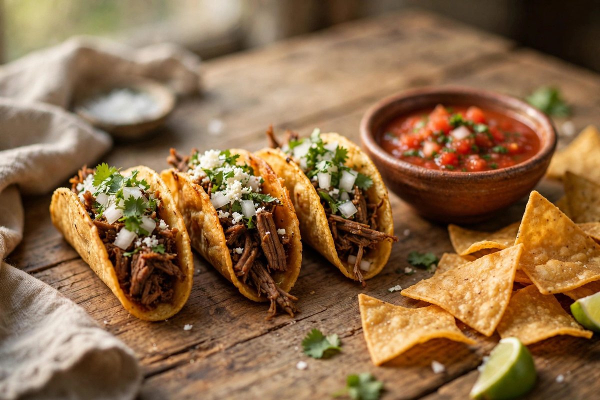 Crispy mini tacos with salsa and chips