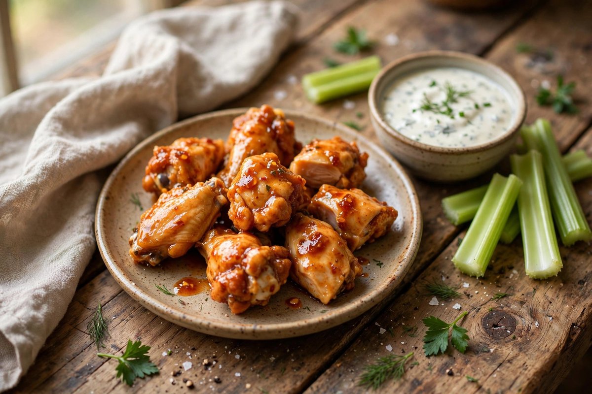 Plate of boneless wings with ranch dip for lunch
