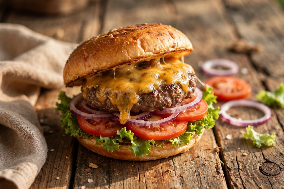 Classic hamburger with lettuce, tomato, onion, and melted cheese