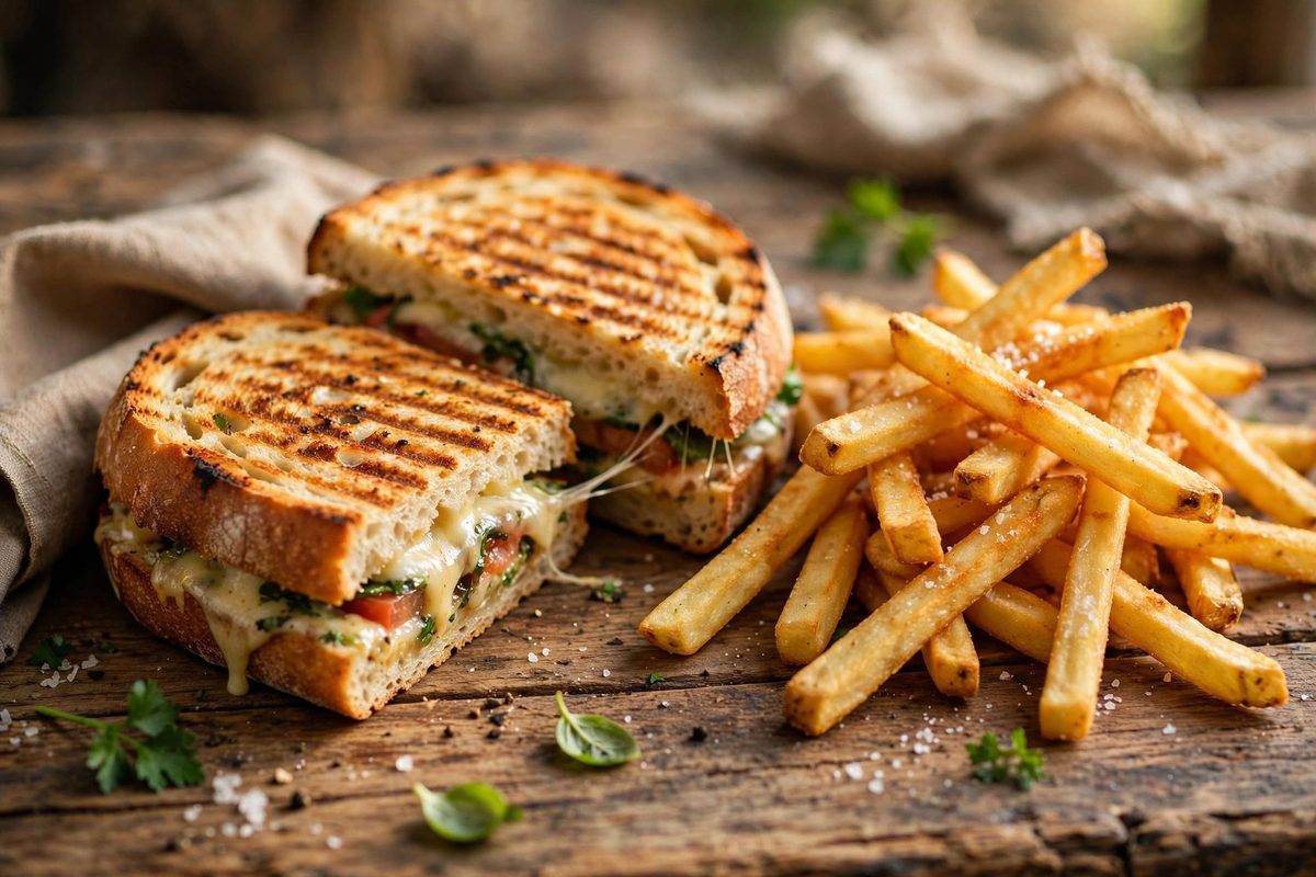 Grilled sandwich served with golden french fries