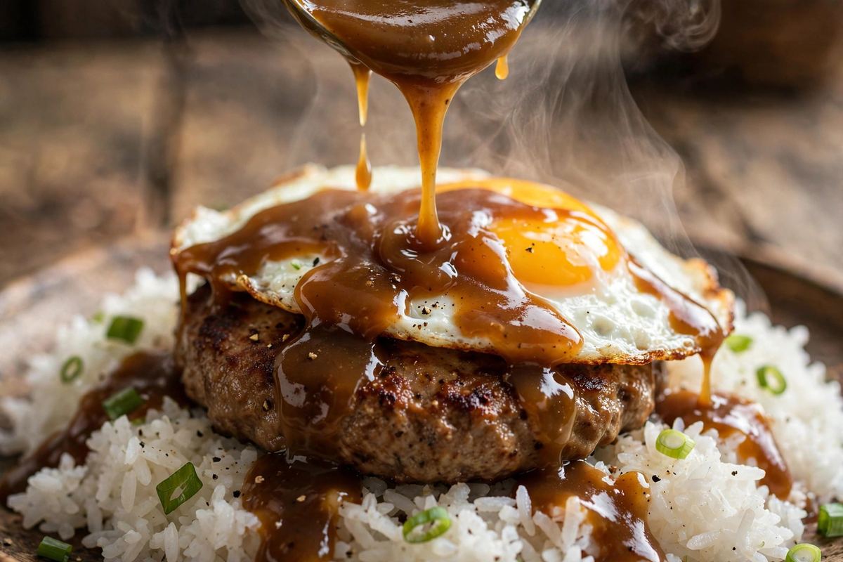 Brown gravy being poured over Zippy's loco moco with fried egg and hamburger patty