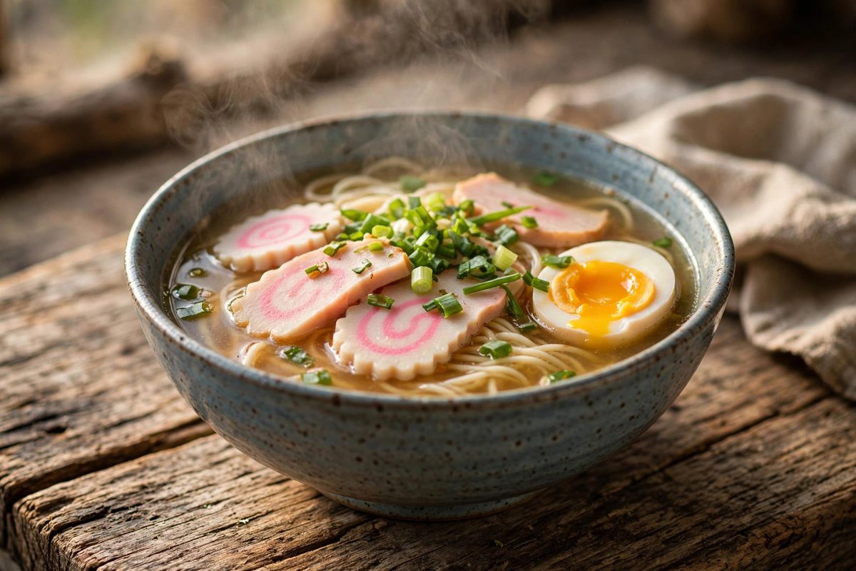 Bowl of saimin noodle soup with fish cake and green onions